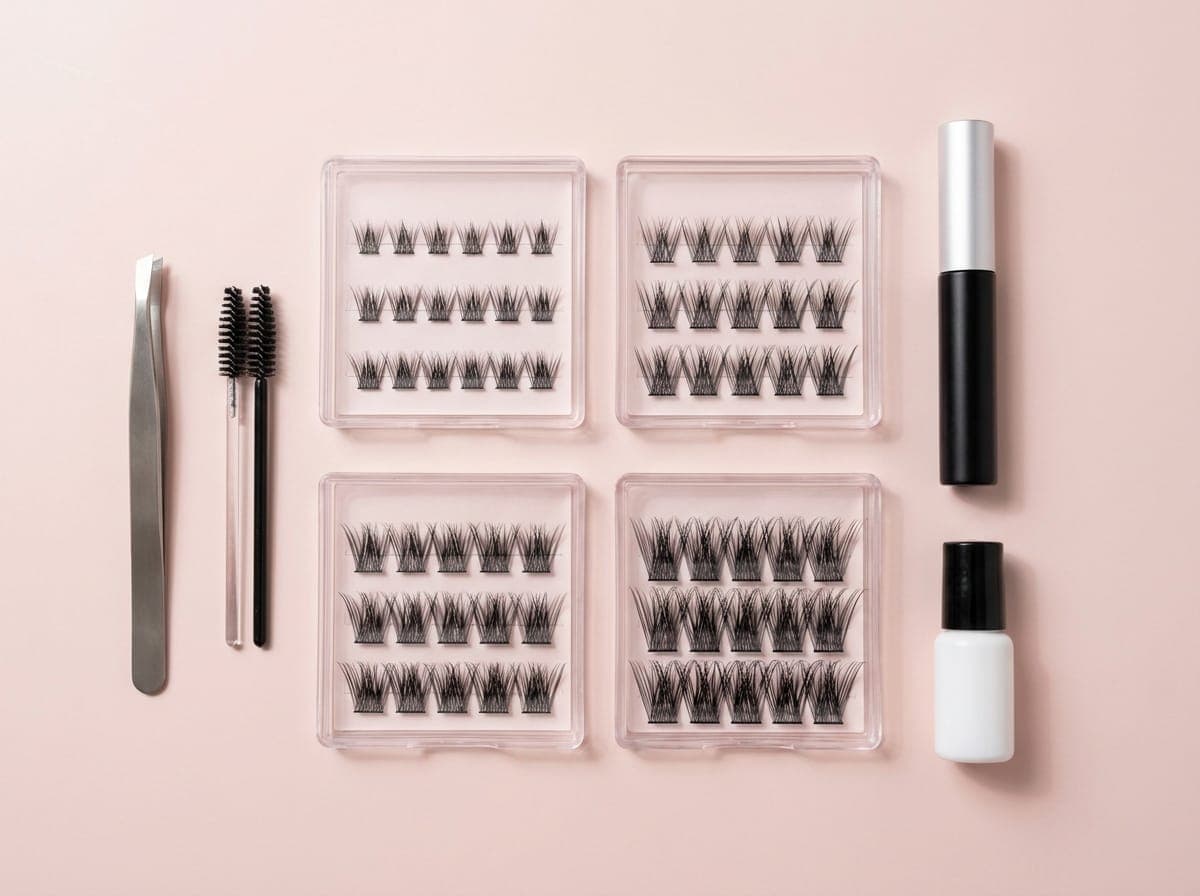 The 8-in-1 kit: four trays of lash clusters from short to long, Bond & Seal, remover, a lash applicator and two spoolie brushes